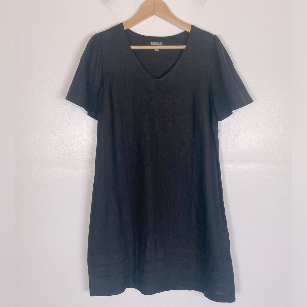 Nicole Miller Original Linen Blend Midi Dress Size S Black Short Sleeve Coastal‎